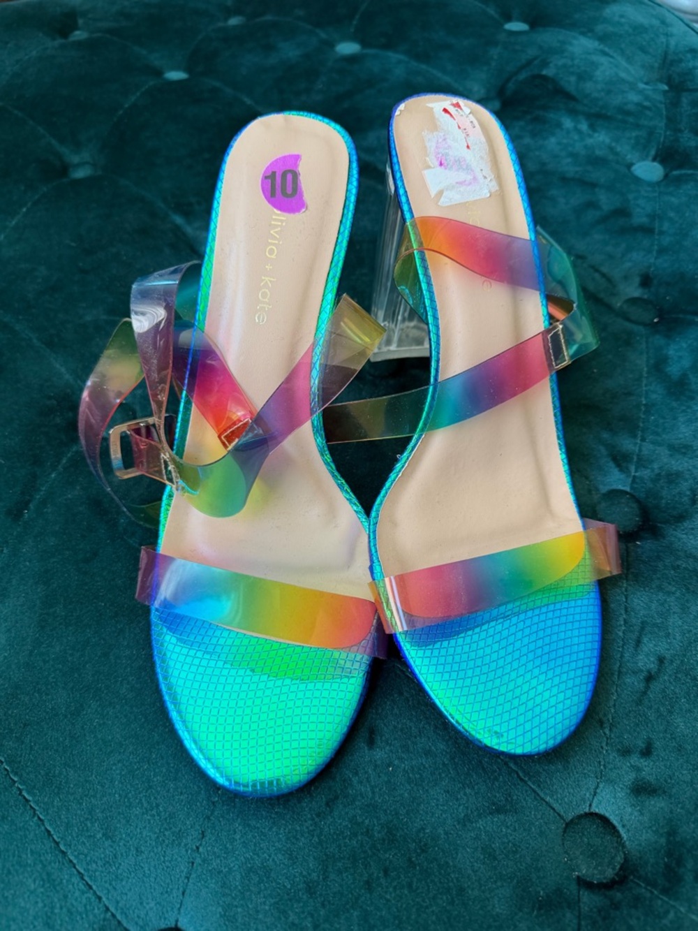 Olivia + Kate Rainbow Holographic ankle strap block heels